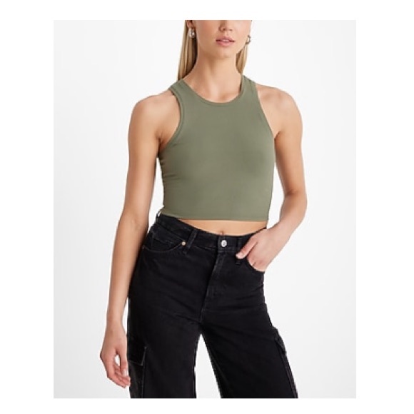 Express Fitted Ribbed High Neck Cropped Tank in Cactus Green Size Medium Women’s - Picture 3 of 15